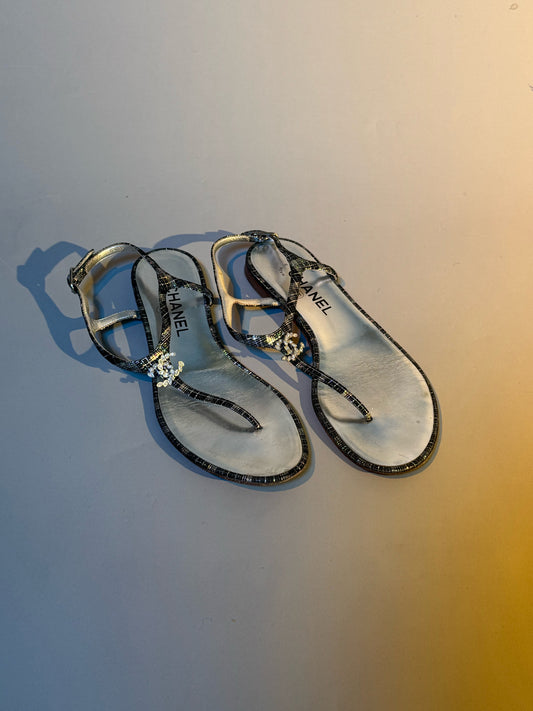 Chanel black metallic thongs 38.5