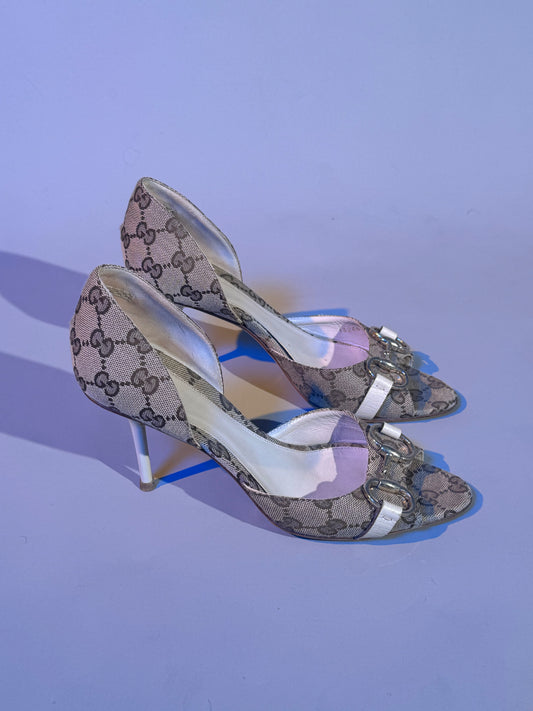 Gucci Monogram peep toe heels. 37.5